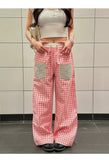KYLETHOMASW  -  American Retro Plaid Patchwork Pocket Casual Pants Women Summer Loose Versatile Straight Leg Wide Leg Pants Lazy Style Long Pant