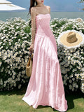 KYLETHOMASW  -  Women's Sweet Pink Long Dresses Elegant Spaghetti Strap Lace-up Princess Evening Party Dress Summer Holiday A-line Vestidos Robe