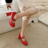 KYLETHOMASW  -  Red Patent Leather Mary Jane Pumps for Women Strap Buckle Chunky High Heels Shoes Woman Platform Pump Burgundy Party 43