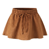 KYLETHOMASW  -  Retro Lacing Up Bow Elastic Waist Suede Faux Leather Mini Cake Skirt Women Ball Gown Swing Skater Party Femme Camel Black