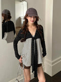 KYLETHOMASW  -  Vintage Sweet Floral Print Design 2 Piece Set Women Long Sleeve Cardigan + Striped Outerwear Tops Fashion Korean Popular Clothes