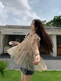 KYLTHOMASW  -   Y2k Floral Print Chiffon Blouse Women Flying Sleeve Perspective Fairycore Pleated Shirts Summer Fashion Aesthetic Tops