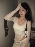 KYLETHOMASW  -  Slim-Fit Women T-Shirts Hollow Out New Chic Sunscreen 2024 Loose Summer Full Sleeve Daily Lace Tees All Match