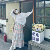 KYLETHOMASW  -  Korean Sweet Patchwork Floral A-line Skirt for Women Y2k High Waist Skirts 2024 Summer New Loose Mid-length Vintage Clothing