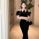 KYLETHOMASW  -  Spring French High-end Chic Elegant Evening Gown Women's Off-the-shoulder Velvet Backless Slim Dress Fashion Designed Ball Gown