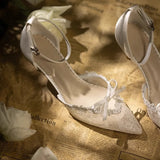 KYLETHOMASW  -  Spring and summer new pointed hollow lace bow low-heeled wedding shoes thin high-heeled banquet dress small size women's sandals