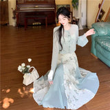 KYLETHOMASW  -  Women's Chinese Style 2-Piece Floral Dress Set Sheer Cardigan Maxi Dress