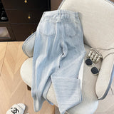 Kylethomasw Korean Shiny Hot Diamond Temperament High Waisted Straight Tube Loose and Slimming Narrow Version Wide Leg Denim Pants for Women