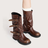 KYLETHOMASW  -  Vintage Soft Leather Belt Strap Buckle Mid-Calf Women Motorcycle Boots Fashion Thick High heels Autumn Winter Knight Booties