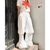 KYLTHOMASW  -  Vintage Korean Retro Ruffled Stitching Drawstring Casual Pants Women Spring and Summer Chic White Flare Pants