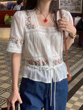 KYLETHOMASW  -  Korean Chic Summer French Ethnic Embroidery Flower Pleat Drawstring Waist Cinching Slim Versatile Short Sleeved Shirt