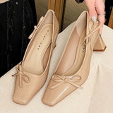 KYLETHOMASW  -  Elegant Side Bow Decoration Chunky Heel Pumps Women Luxury Patent Leather Square Toe High Heels Fashion Shallow Party Dress Shoe