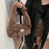 KYLETHOMASW  -  Lamb Wool Sweet Y2k Aesthetic Bow Women's Handbags Casual Fashion Fluffy Shoulder Bags Korean Ins All Match Trendy Underarm Bag