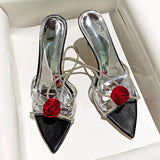 KYLETHOMASW  -  Flower Designer High Heels Brand Slingback Pumps Woman Sexy Party Dress Transparent Crystal Luxury Rose Flowers Sandals Female