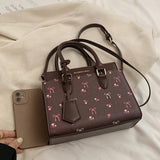 KYLETHOMASW  -  [Elegant Style] Hellons Woz Cherry Pattern Handbag & Crossbody Bag for Women - Brown with Pink Flowers & Ribbon Accents, Detachable Strap, Zipper Closure