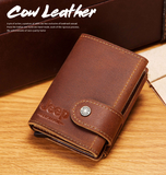 Kylethomasw RFID Blocking Card Holder Wallet Men Automatic Pop Up ID Card Case Crazy Horse Leather Male Coin Purse Aluminium Box