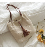 Kylethomasw Ins Sen System Retro Literary Wool One-shoulder Bag Kei Weaving Cotton Line Bag Casual Bucket Tote Shopping Simplicity