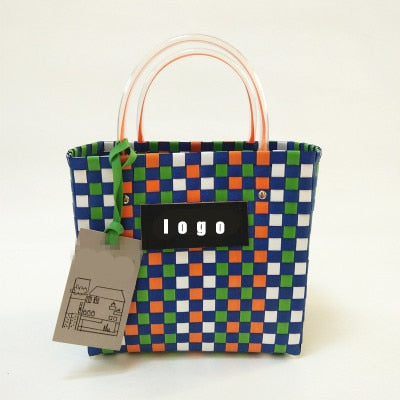 2022 Luxury Brand Logo Print Basket Tote Bags for Women Handmade Woven Plaid Shopping Handbags Charity Version Beach Puppy Bag