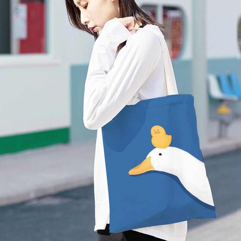 Kylethomasw Bolsa Feminina Hand-painted Cartoon Goose and Duck Print Shoulder Bag For Women Canvas Bag Shopper Bag Ladies Hand Bags Sac Main