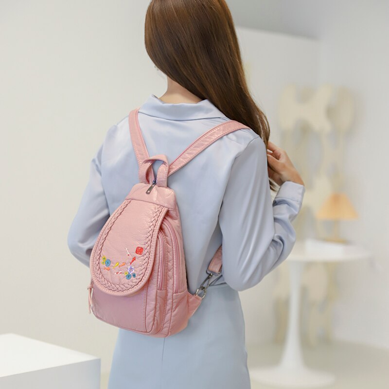 Fashion Ladies Embroidery Small Backpack High Quality Soft Washed Leather Backpack Women Multifunc Bagpack Mochilas Mujer