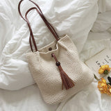 Kylethomasw Ins Sen System Retro Literary Wool One-shoulder Bag Kei Weaving Cotton Line Bag Casual Bucket Tote Shopping Simplicity
