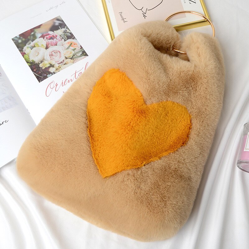Faux Rabbit Fur Women Handbags Luxury Designer Winter Tote Bag High Quality Heart Pattern bolso ZD2025
