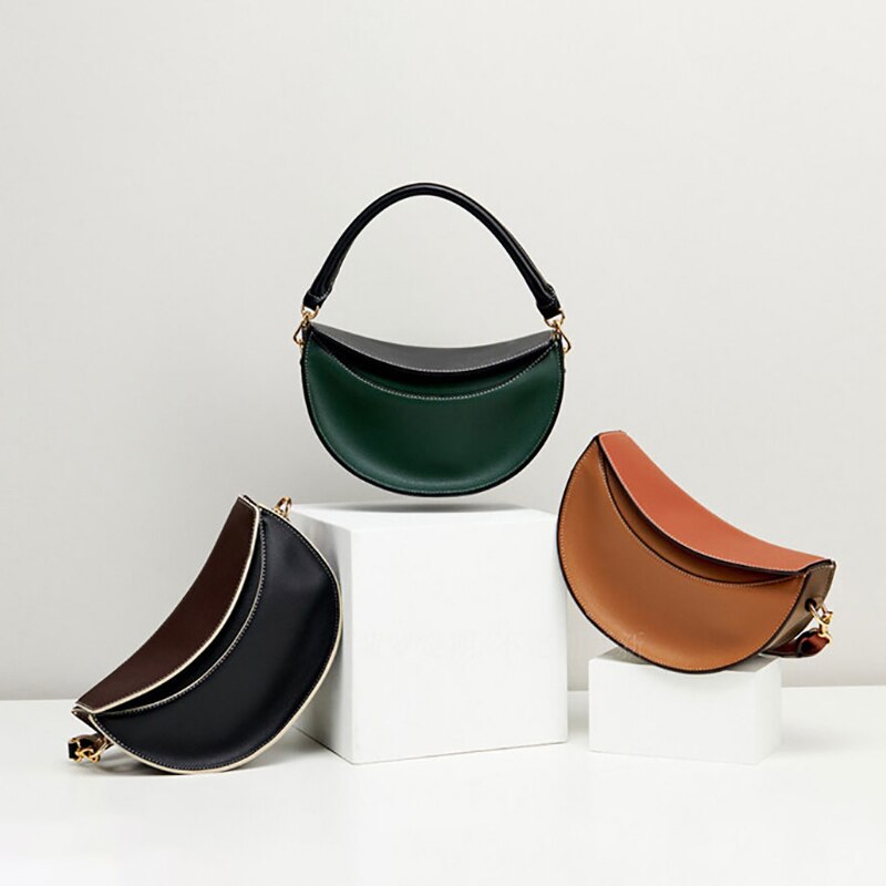 Retro Half-moon Fashionable Purses Wide Shoulder Strap Crossbody Bags for Women Brown Designer Handbags High Quality Women