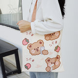 Kylethomasw Kawaii Boba Bear Strawberry Shopper Bag With Zipper Cute Peach Canvas Shopping Bags For Women Reusable Tote Handbag Shoulder Bag