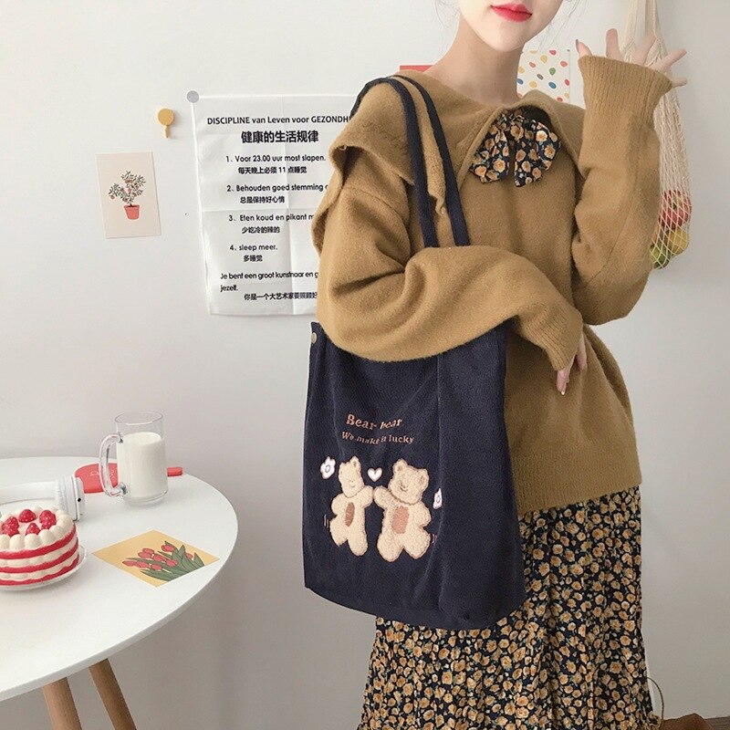 Youda New Literary Embroidery Corduroy Shoulder Bags for Women 2021 Winter Cute Bear Handbag Shopping Bag Book Pack for Girl