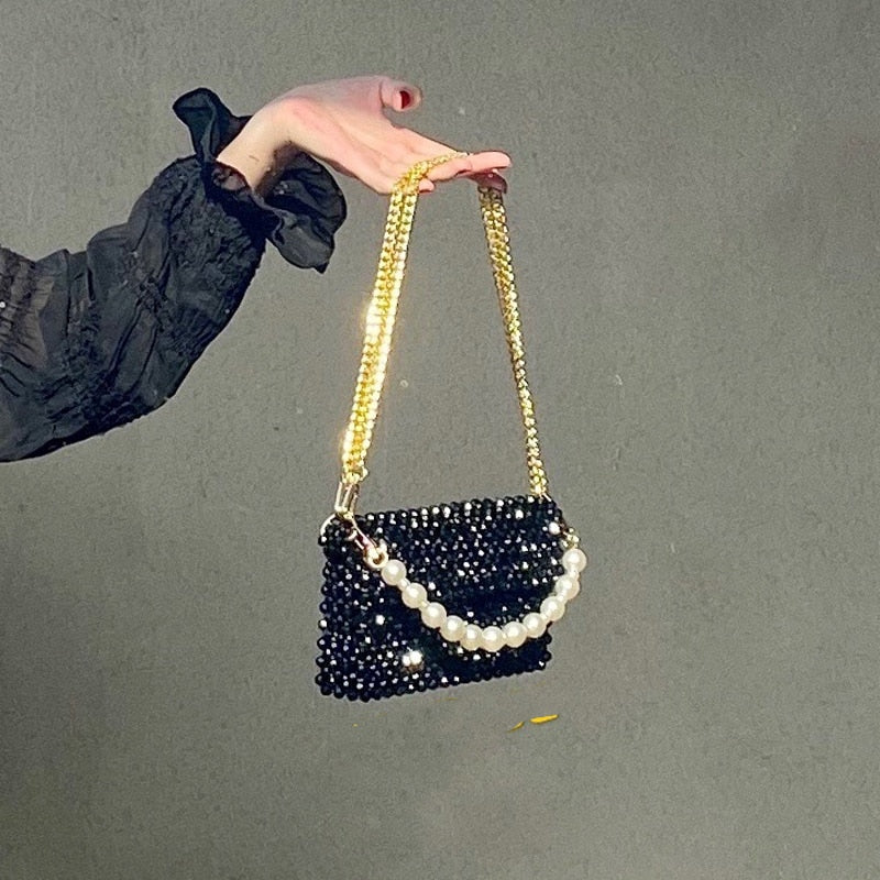 Customized Summer Bead Beach Bags for Women 2021 Metal Golden Chain Design Handmade Woven Female Shoulder Bag Can Hold Phone