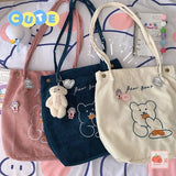 Canvas Corduroy Shoulder Shopping Cute Bear Bags Women Satchel Tote Hand Bag Travel Bag Purses Casual Handbag For Women Bookbag