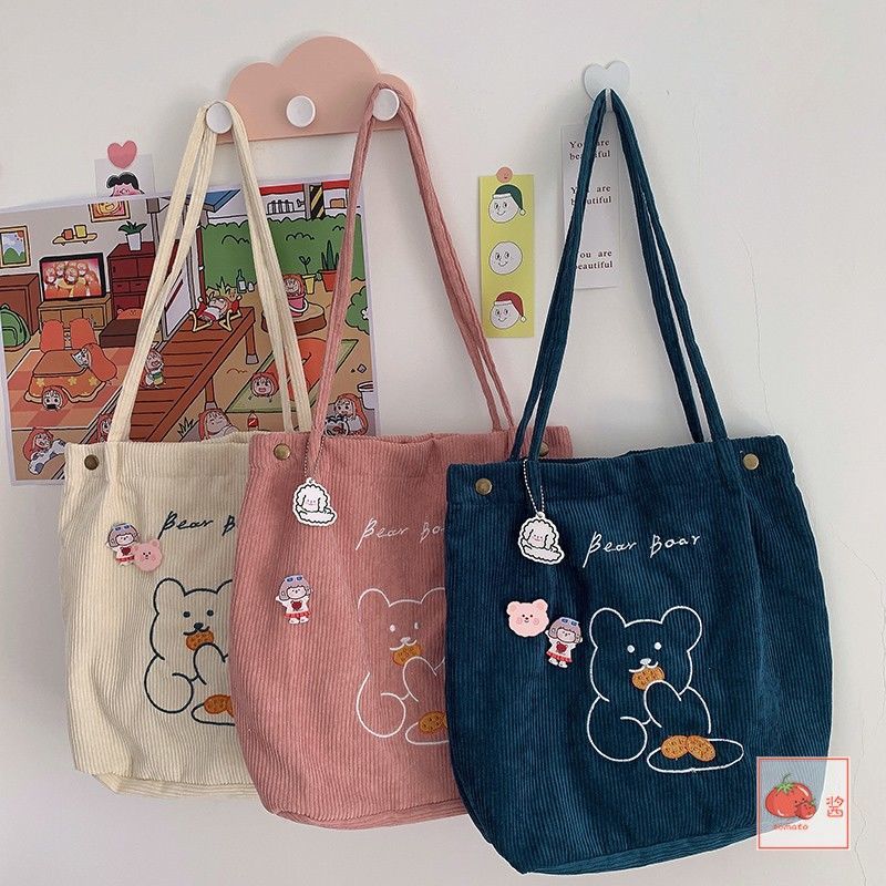 Canvas Corduroy Shoulder Shopping Cute Bear Bags Women Satchel Tote Hand Bag Travel Bag Purses Casual Handbag For Women Bookbag
