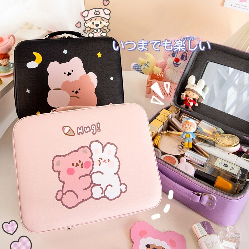 Kylethomasw Kawaii Boba Bear Storage Case PU Large Capacity Makeup Box Organizer For Cosmetics Pen Cute Travel Portable Container Girl Gift