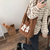 Youda New Literary Embroidery Corduroy Shoulder Bags for Women 2021 Winter Cute Bear Handbag Shopping Bag Book Pack for Girl