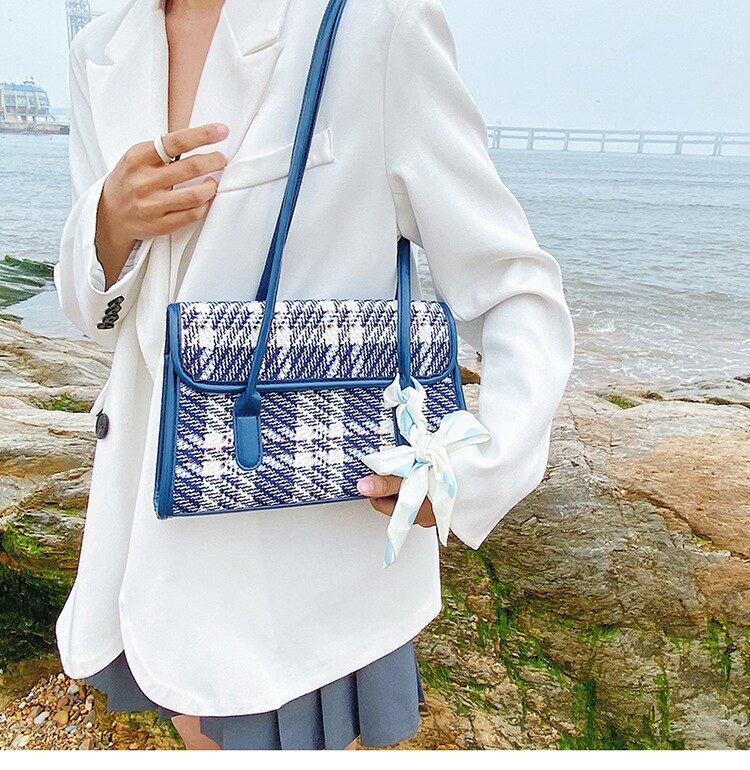 Kylethomasw New Trendy Fashion Shoulder Bag Popular Underarm armpit Handbags Blue Plaid Scarf Bow Woolen Cloth Flap Small Bag
