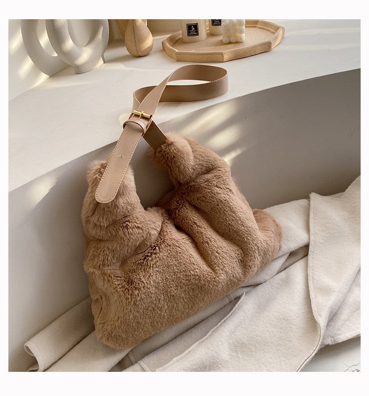 Luxury Faux Fur Bags For Women White Handbag Winter Soft Plush Pink Shoulder Bag Fashion Female Tote Bag ZD1448