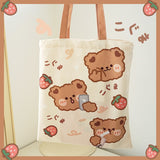 Kylethomasw Kawaii Boba Bear Strawberry Shopper Bag With Zipper Cute Peach Canvas Shopping Bags For Women Reusable Tote Handbag Shoulder Bag