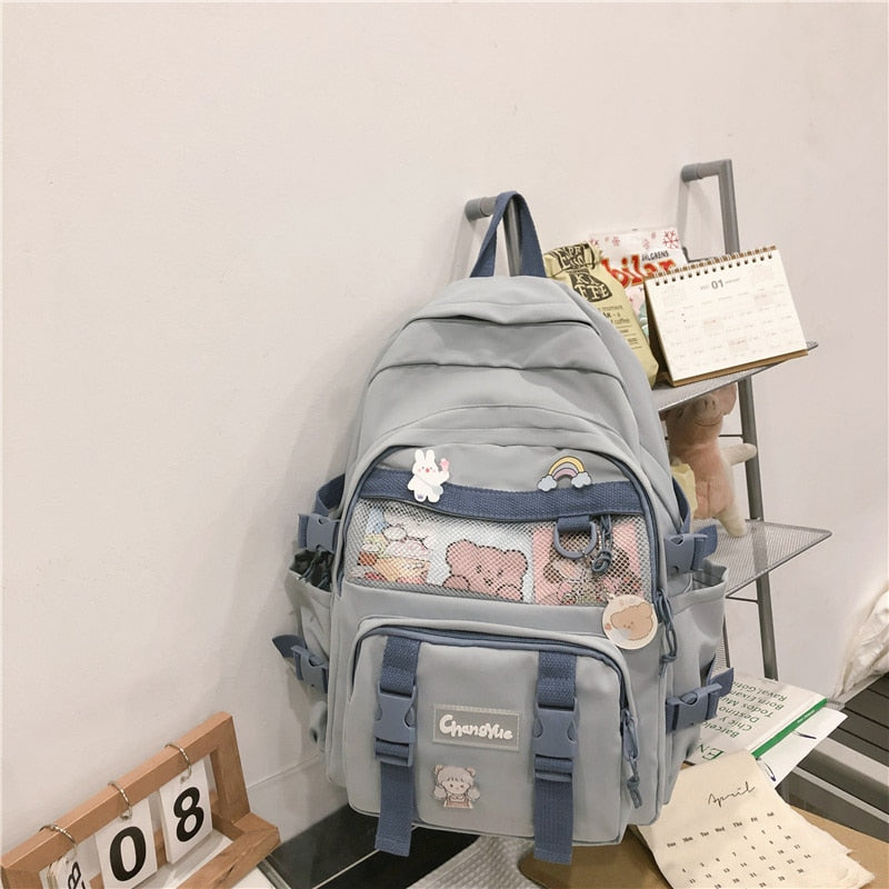 Kylethomasw New Waterproof Nylon Mesh Women Backpack Female Solid Color Badge Travel Bag College Girl Multi-pocket Schoolbag Book Bags