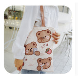 Kylethomasw Kawaii Boba Bear Strawberry Shopper Bag With Zipper Cute Peach Canvas Shopping Bags For Women Reusable Tote Handbag Shoulder Bag