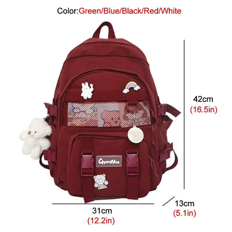 Kylethomasw New Waterproof Nylon Mesh Women Backpack Female Solid Color Badge Travel Bag College Girl Multi-pocket Schoolbag Book Bags