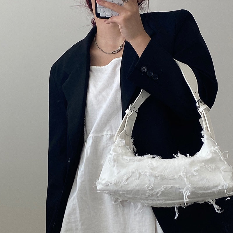 Women Tassel Canvas Shoulder Bag 2022 Trendy Women's Bag Designer Handbags Luxury Underarm Bags White Bolsa De Hombro