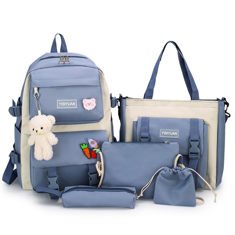 Kylethomasw New 5 Pcs Set Women Laptop Backpack Canvas School Bags For Teenage Girls Kawaii College Student Kids Book Bag Rucksack
