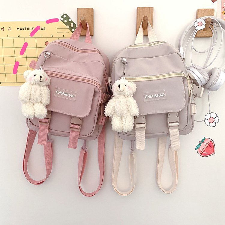 Kylethomasw korean style small mini backpack for women school small bag mochila Multi pocket Girl Ring Buckle portable bear women's backpack
