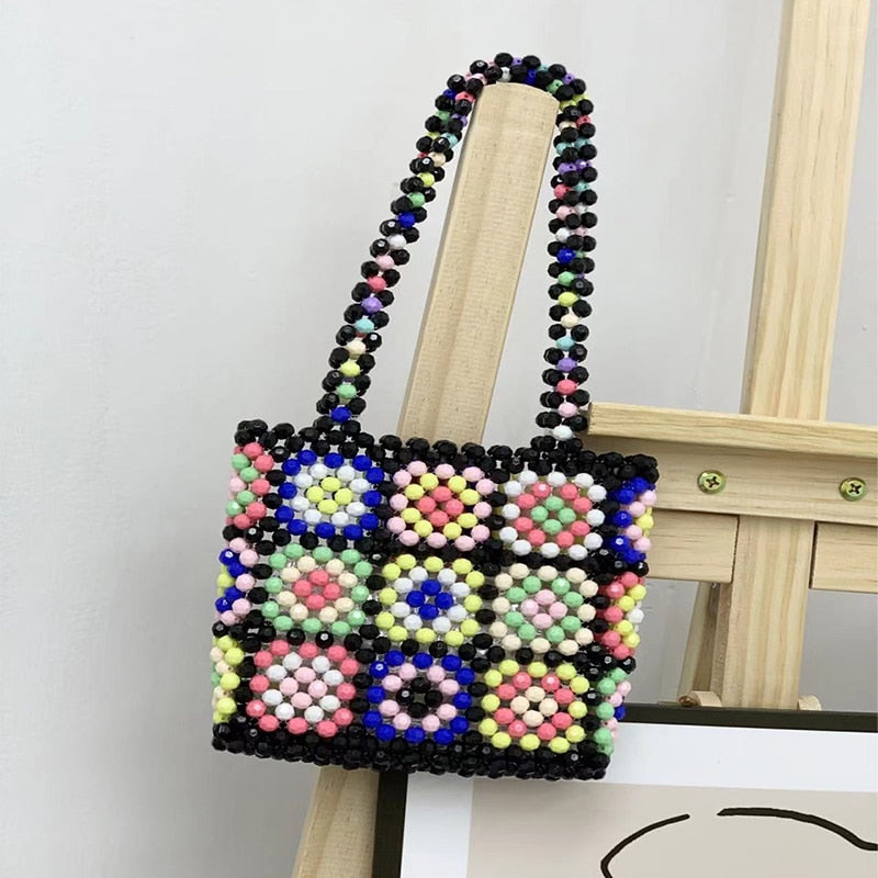 Mini Beaded Bags for Women Handmade Woven Handbag Candy Beading Pearl Lady Shoulder Bag 2022 Fashion Square Rainbow Girls Purses