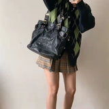 Xiuya Vintage Womens Leather Tote Bag 2022 Solid Color Big Capacity Shoulder Bag Female Moto Biker Style Cool Ladies Handbags