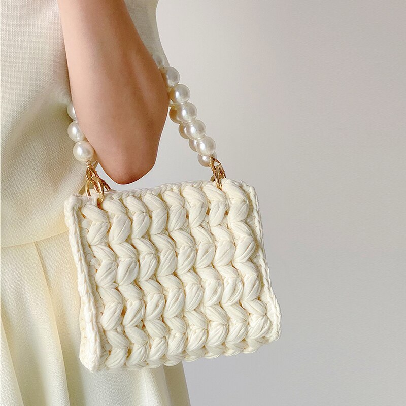 Kylethomasw Fashion Pearl Chains Crochet Women Handbags Knitted Lady Hand Bags Handmade Woven Box Shoulder Bag Cute Small Purses 2023 Sac