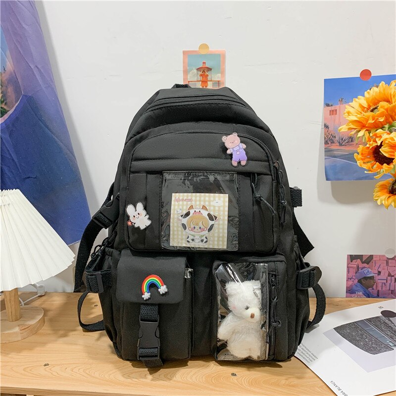 Kylethomasw Cute Multipocket Waterproof Nylon Women Backpack Teenage Girl Kawaii Transparent Travel Bag Preppy Style Schoolbag Book Mochila