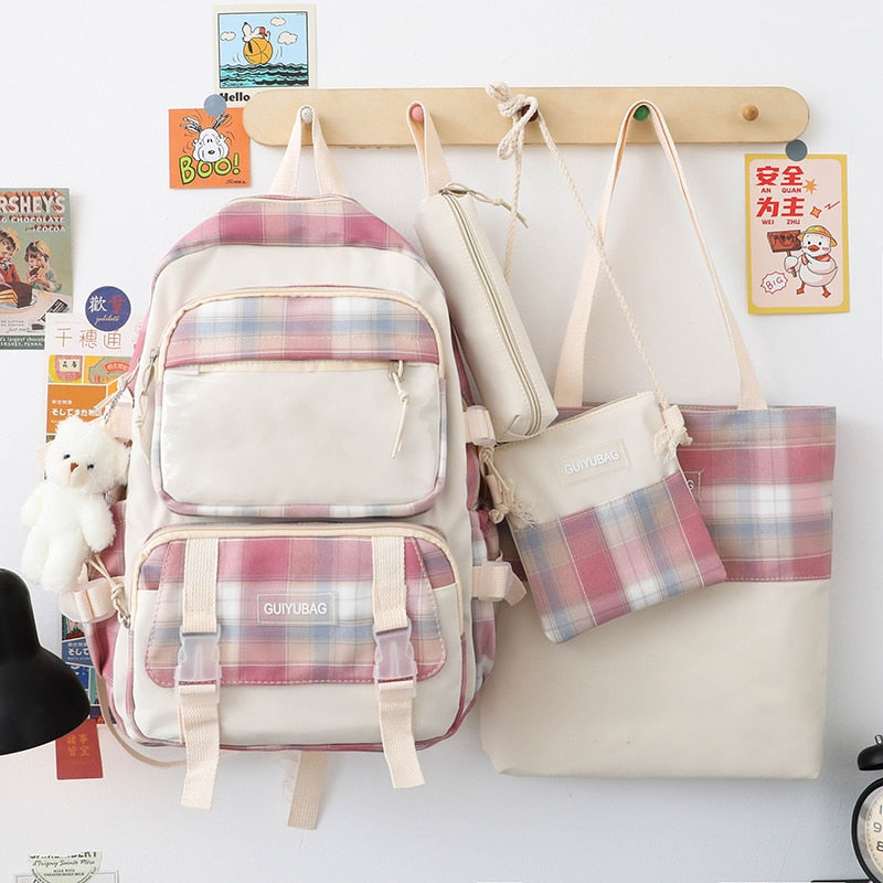 4 Pcs Women Backpack Kawaii Plaid School Bag Mochila Cute Book Schoolbag for Teenage Girl Travel Bagpack Large Capacity Rucksack
