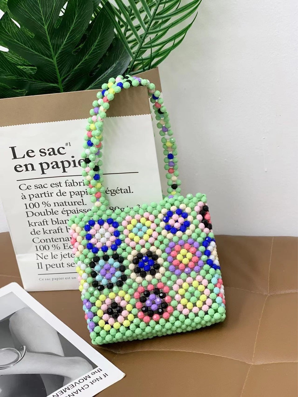 Mini Beaded Bags for Women Handmade Woven Handbag Candy Beading Pearl Lady Shoulder Bag 2022 Fashion Square Rainbow Girls Purses