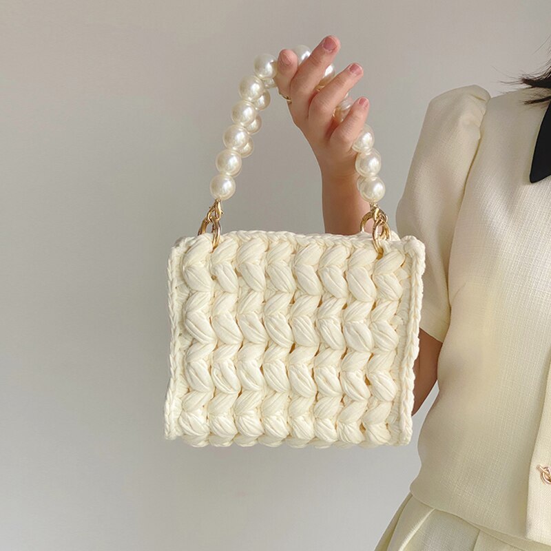 Kylethomasw Fashion Pearl Chains Crochet Women Handbags Knitted Lady Hand Bags Handmade Woven Box Shoulder Bag Cute Small Purses 2023 Sac